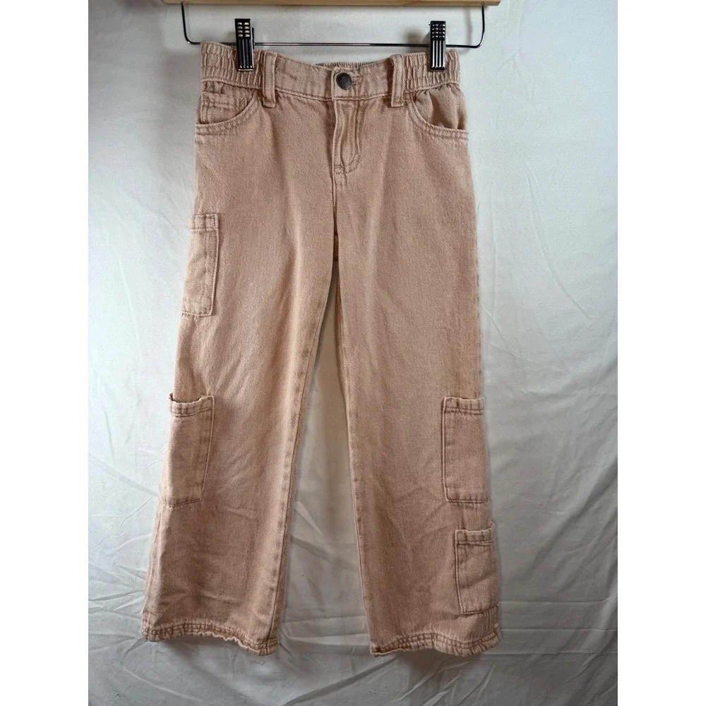 Justice Girls Tan Cargo Pants Cotton Denim Utility Trousers Size 7 wide leg‎